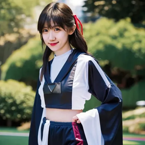 3D, 8k,45,000,000,000 pixel Candid photo of japanese girl, wearing burumashorts, crop top, with captivating
eyes, smiling amidst a bustling city, upper body
framing, in a stadium, golden hour
lighting:1.3), shot at eye level, on a Fujifilm X-T4
with a 50mm...