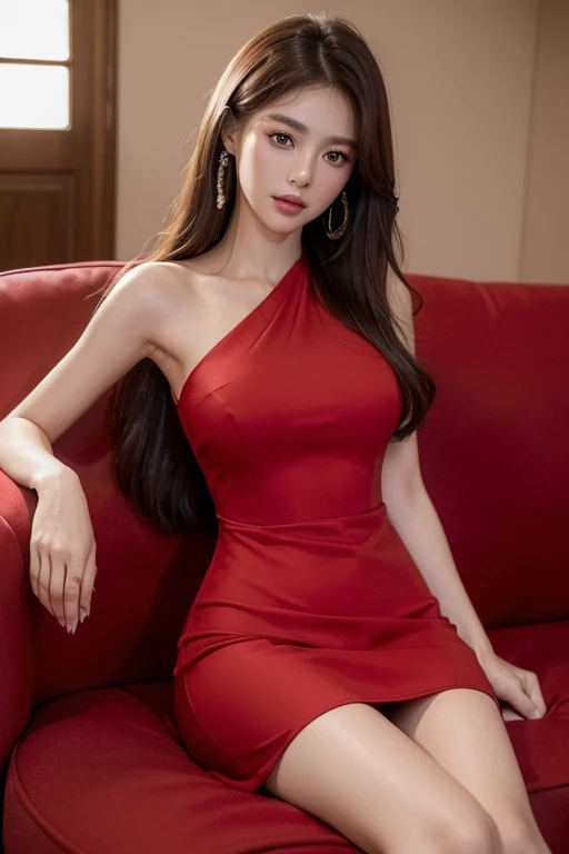 ((top-quality、8K、​masterpiece:1.3))、1 Japan person model、Beautiful woman in braless red dress、Colossal ,(dark brown  hair)、Bourg Full Length Dress:1.1、sofas、Super Detailed Face、detailedeyes、double eyelid、furniture、a room,Depicts genitals,Bewitching look,