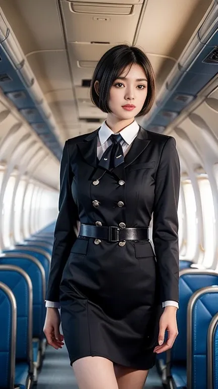 1beautiful womanl, 28years、hyperdetailed face、Detailed lips、A detailed eye、double eyelid、(Black bob shortcut hair , while walking gracefully down the aisle)、(Stewardess uniform:1.2)、(Glamorous body)、(Colossal tits)、thighs thighs thighs thighs, Perfect fit,...