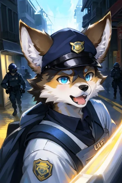 top quality, best quality, highres, masterpiece, super high resolution, detailed background, street, gasping for air(super handsome boys, dog)police officer, swat, police uniform, 6+boys, 6+girls, absurdres(highly detailed beautiful face and eyes)perfect a...