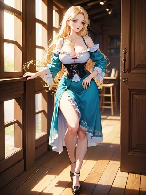 (best quality, Extremely detailed, Practical:1.37), Bavarian woman, Long blond hair, blue eyes, Curvy body, Short skirtDirndl Dress, Partial breast exposure, Tempting Mole, Mature and confident, ,(((Large Breasts、Breast sagging、Low-cut，Cleavage ，Wide hips,...