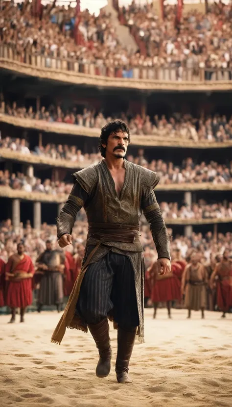 full body, a photo of oberyn at a lively bullfighting arena, surrounded by cheering spectators and the powerful presence of the ...