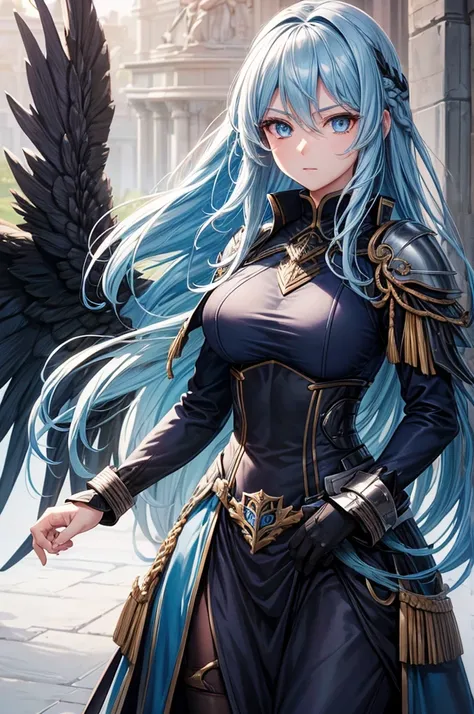 ((best quality)), ((Artwork)), (detailed), perfect face, Chtholly had long sky blue hair and blue eyes. In battle, she wears a black/navy blue Guardian Wings military uniform, as well like a steel armor.