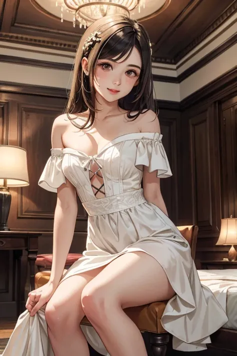 masterpiece, highest quality,20s 1 Female,Greek Goddess Attitude, Melon seed face, ((Narrow eyes))、Brown eyeball, Thin lips, Blonde Hair, semi-long、smile、White silk lace dress、Off the shoulder、Focus on the arms、Focus on the hands、Focus on your fingers、Smoo...