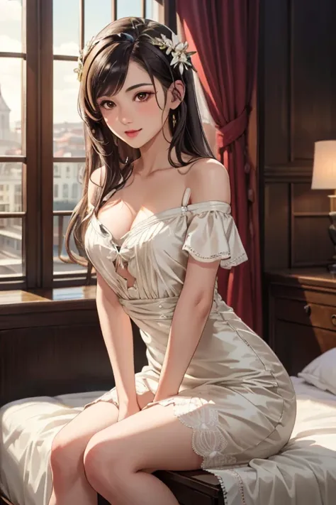 masterpiece, highest quality,20s 1 Female,Greek Goddess Attitude, Melon seed face, ((Narrow eyes))、Brown eyeball, Thin lips, Blonde Hair, semi-long、smile、White silk lace dress、Off the shoulder、Focus on the arms、Focus on the hands、Focus on your fingers、Smoo...