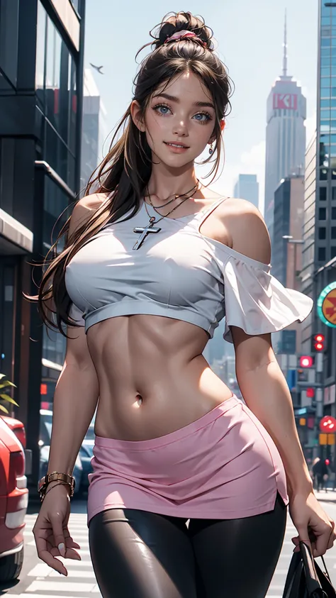 24-year-old woman、Sexy proportions、Wear off-the-shoulder tops、I can see my belly button、Wear low rise leggings、Skyscraper Background、smile、Cross one&#39;s arms、Carry a handbag over one&#39;s shoulder、sexy