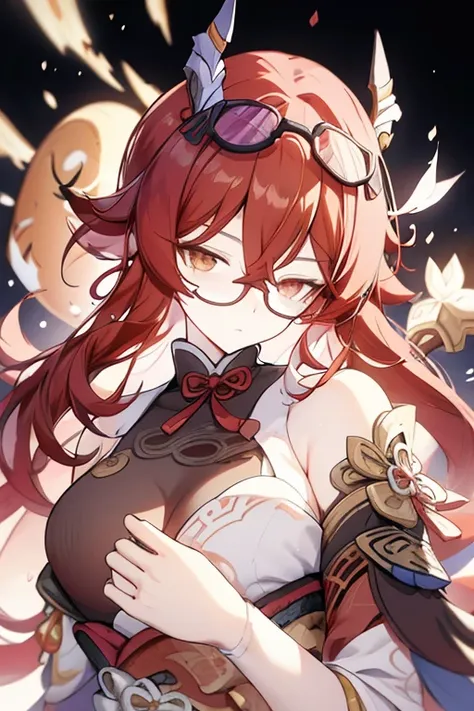 a anime girl character with red hair, shorts hair, stoic face, brown eyes, black glasses, dress, accessories, onmyoji detailed a...