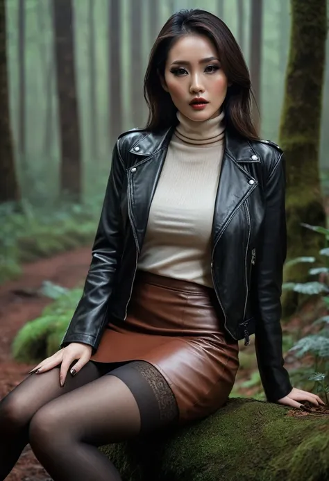 8k, ultra-detailed, masterpiece,muted colors, muffled light, dusk, rainy, moody, noir, woman in forest, elegant sitting, elegant pose, detailed stockings, turtleneck, pencil skirt, faded leather jacket, beautiful long brunette hair, depraved, asian:0.5, fe...