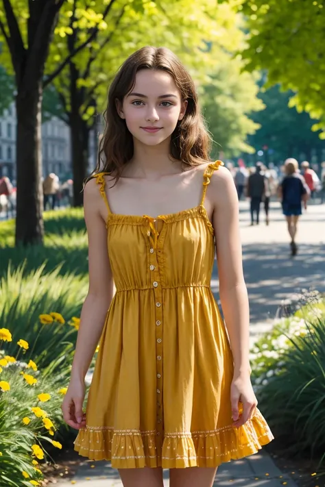 a beautiful introverted european 15 years old girl wearing a short light plunging summer colorfull dress, thigs, high detail fac...