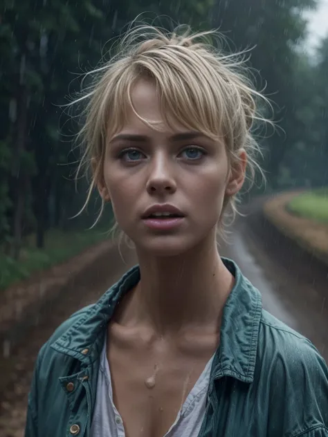 masterpiece, a half body shot of a beautiful european danish girl crying in a countryside road, rainy, trees around the road, wa...