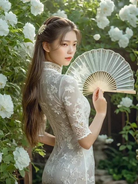 A beautiful European girl, Standing in the garden, Wearing white lace cheongsam, Holding an exquisite pure white lace fan, Covering your face, Fine workmanship of the fan, With white lace floral pattern, The girl has long hair, elegant, Soft light, diffusi...