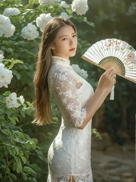 a beautiful european girl, standing in the garden, wearing white lace cheongsam, holding an exquisite pure white lace fan, cover...