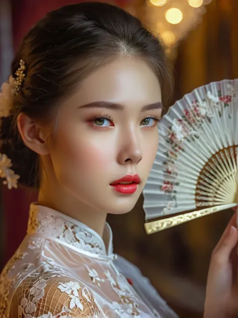 beautiful european girl,wearing white lace cheongsam,elegant posture,delicately holding a pure white lace fan,covering her face,...