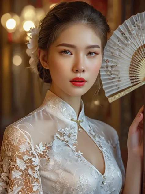 beautiful european girl,wearing white lace cheongsam,elegant posture,delicately holding a pure white lace fan,covering her face,...