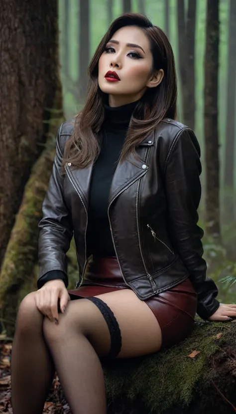 8k, ultra-detailed, masterpiece,muted colors, muffled light, dusk, rainy, moody, noir, woman in forest, elegant sitting, elegant pose, detailed stockings, turtleneck, pencil skirt, faded leather jacket, beautiful long brunette hair, depraved, asian:0.5, fe...