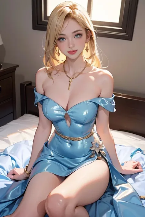 One girl,Soft Light，Large Breasts、Beautiful slender beauty、Blue Eyes、smile、Earrings、Gold Necklace、Blonde semi-long、(White Dress、Strapless dress)、Off the shoulder、Luxury rooms in luxury hotels、There is a bed、Focus on the chest、Above the knee shot、 looking a...