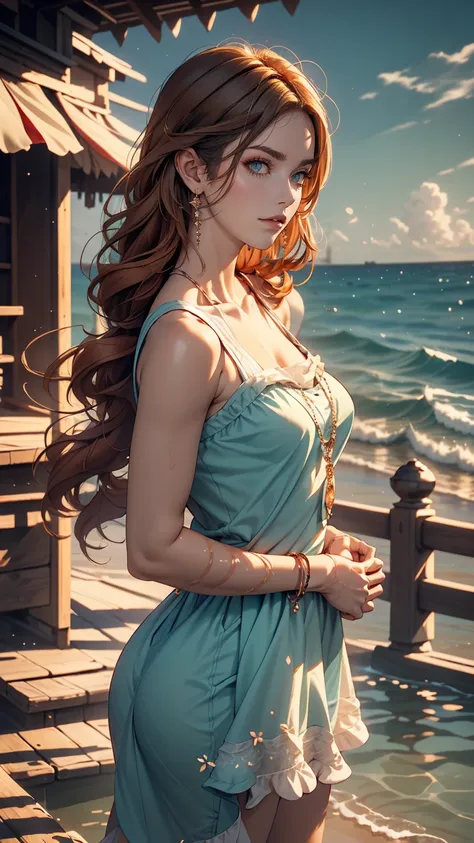 (masterpiece, highest quality), ((One girl, alone, Long Hair)), Ishmael_edge, Innocent look, Bare arms, Exposing shoulders, Bare neck, watercolor, Sundress, Liquid clothing, water, Wave, water dress, green_theme, night, haze, dark, Sharp focus, Ocean, See-...