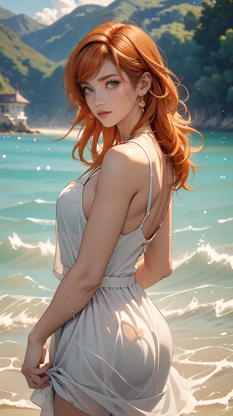 (masterpiece, highest quality), ((One girl, alone, Long Hair)), Ishmael_edge, Innocent look, Bare arms, Exposing shoulders, Bare neck, watercolor, Sundress, Liquid clothing, water, Wave, water dress, green_theme, night, haze, dark, Sharp focus, Ocean, See-...