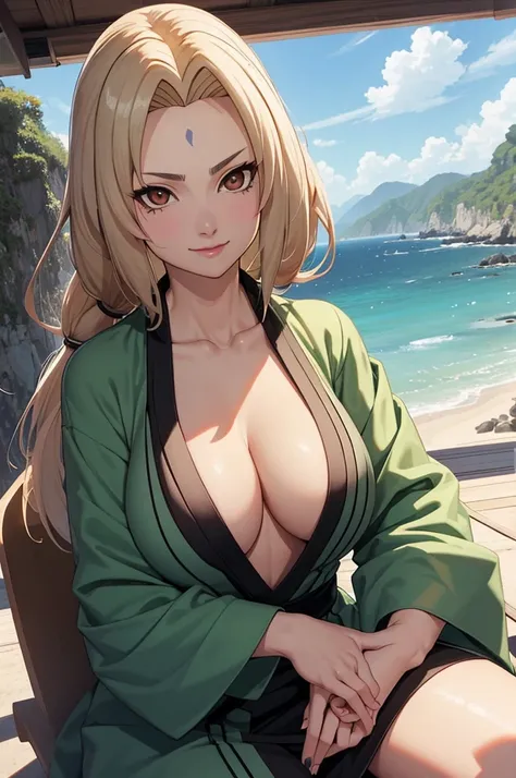 ((hue tits)) tsunade ((vestido apretado con hombreras descubiertas))((sexy))（obra maestra：1.3），pelo rubio，abrigo verde，ojos dorados，smile，pechos grandes ligeramente gordos，Estar rojo en la cara，la mejor calidad，el es muy detallado，Foto del busto，Get closer...