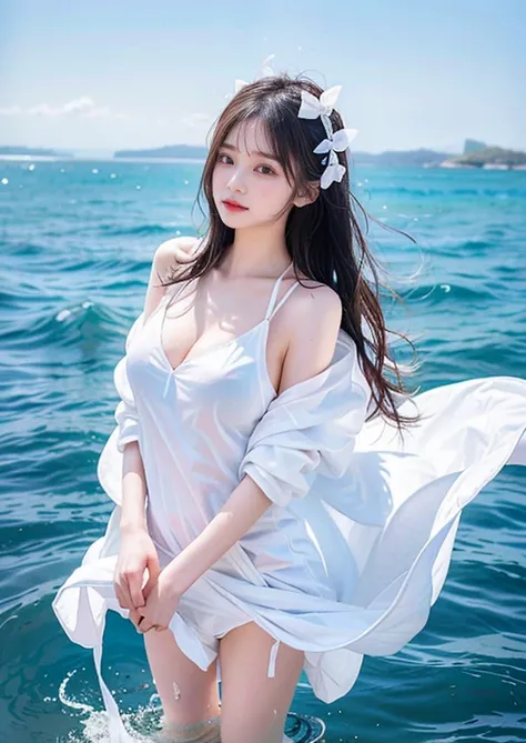 In the clear blue sea、Wearing a white hoodie fluttering in the wind、A woman、Standing on the waves。her hair is long、Bright white、Swaying in the waves。Red Eyes,Wet clothes、Not worn、Not worn、Focus on your nipples, Large Breasts