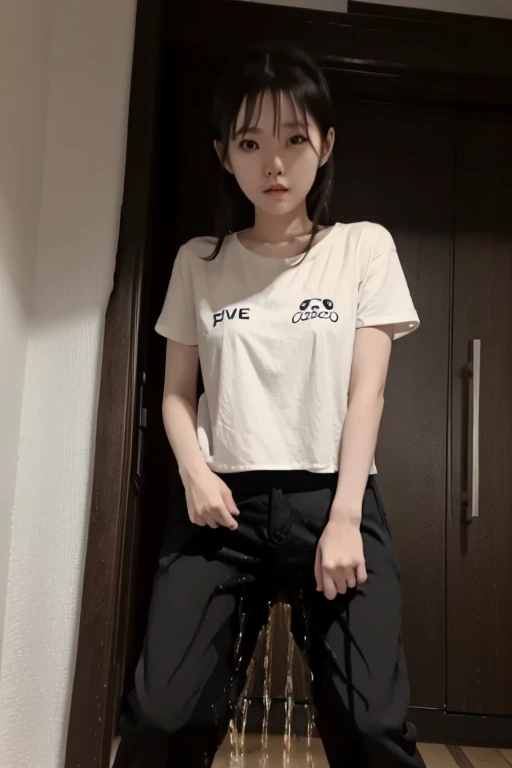 japanese girl wearing a white short-sleeved t-shirt sees the ghost and pees her black palazzo pants until her pants are wet in f...