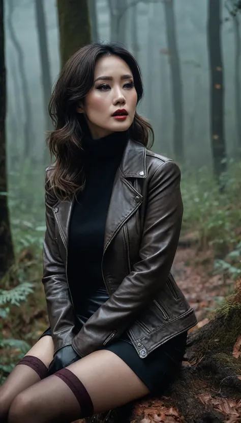 8k, ultra-detailed, grainy film photo, masterpiece,muted colors, muffled light, dusk, rainy, moody, noir, woman in forest, elegant sitting, elegant pose, detailed stockings, turtleneck, pencil skirt, faded leather jacket, beautiful long brunette hair, depr...