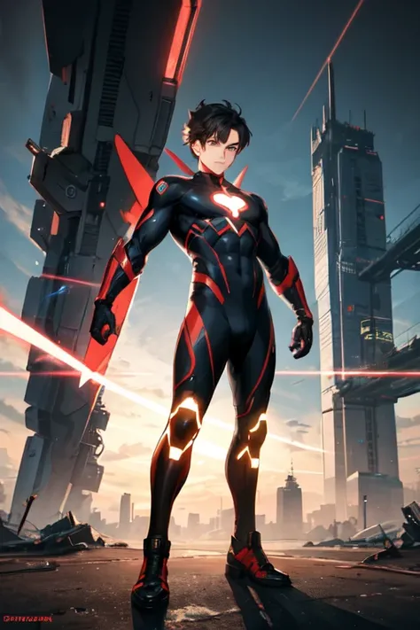  A young glitched superhero boy with thunderbolt powers and sci-fi gear ((best quality)), ((masterpiece)), (detailed), 