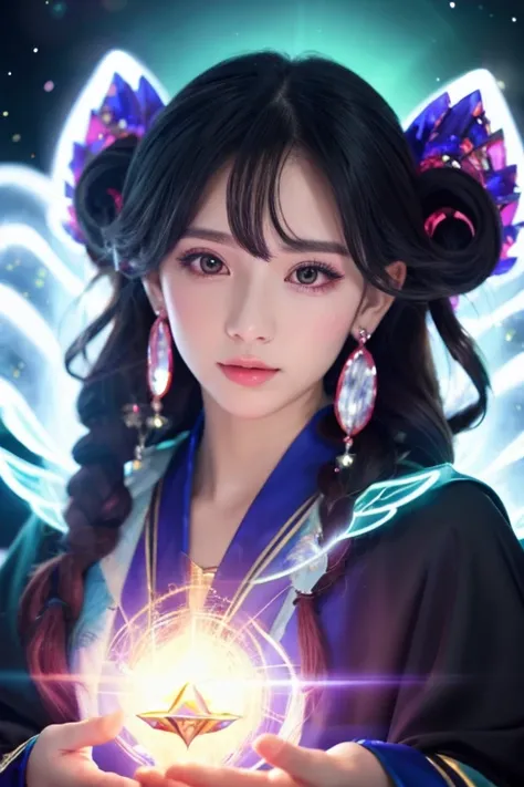 ((highest quality)), ((masterpiece)), (detailed), Perfect Face,kind,Healing,Alluring,fortune teller,Fantastic,vivid,Long Hair,front,Gal,Flashy hair,Wizard,Anime style robe,Black Eyes,Eyelashes,crystal,(black),Angel Wings,Large earrings,crystal,