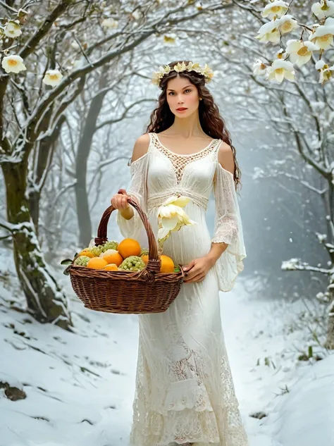 the goddess fortuna holds a fruit basket woven with white lace，wearing a white lace dress，there is a pure white snow lotus paint...