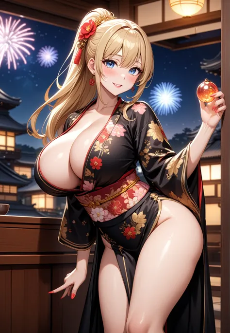 ((one personの女性)), Beautiful Face,Embarrassed and kind expression,Laugh embarrassedly,turn bright red,Glossy pink lips,night,Luxurious Japanese-style room,firework, ((Anime style background)),masterpiece, highest quality, so beautiful, Latest, Complex deta...