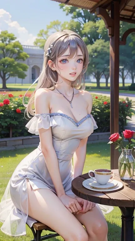 (smile)、Young Female 1、pretty girl、(Narrow eyes、blue eyes、nose、Your lips are beautiful)、smile、Big Breasts、Focus on the arms、Focus on the hands、Focus on your fingers、Silver blonde medium long、Smooth Skin、(White Dress、Strapless dress)、Off the shoulder、Earrin...