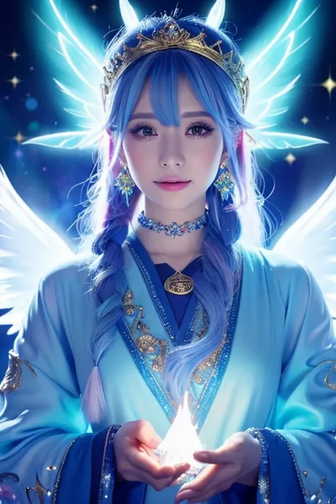 ((highest quality)), ((masterpiece)), (detailed), Perfect Face,kind,Healing,Alluring,fortune teller,Fantastic,vivid,Long Hair,front,Gal,Flashy hair,Wizard,Anime style robe,blueの瞳,Eyelashes,crystal,(blue),Angel Wings,Large earrings,crystal,