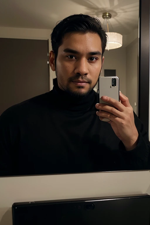 a handsome 30 year old man with an Indonesian face with a thin beard and a slightly fat body, wearing a black jacket and black turtleneck shirt is taking a photo of himself with a Samsung note 20 ultra facing the mirror in a hotel room. The picture is very...