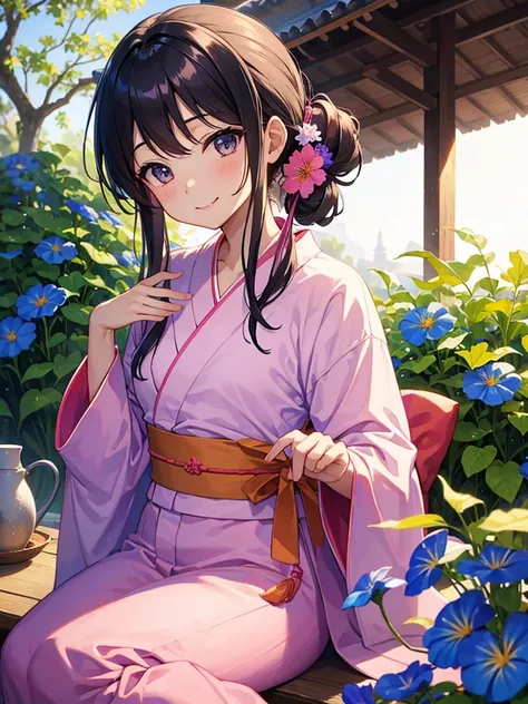 Masterpiece、highest quality、Lots of morning glories、One girl、Wearing a pink yukata、Smile with your mouth closed、Hair tied up