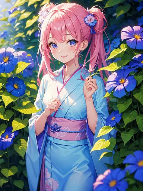 Masterpiece、highest quality、Lots of morning glories、One girl、Wearing a pink and light blue patterned yukata、Smile with your mouth closed、Hair tied up