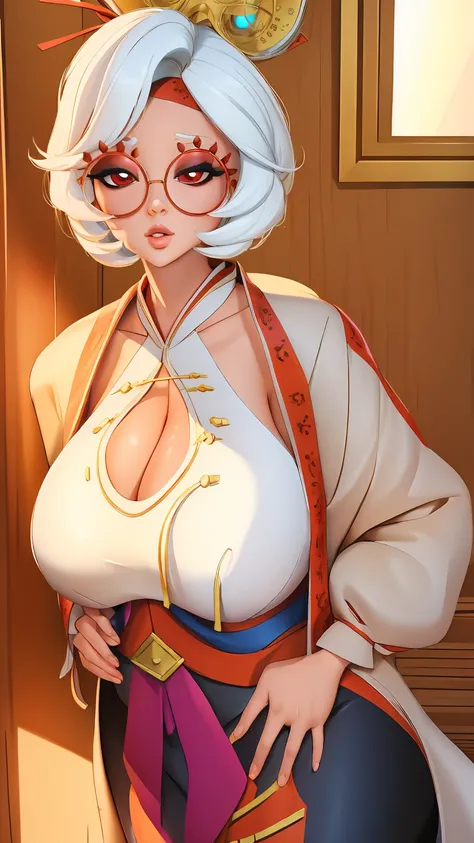 ((masterpiece)), ((best quality)), (detailed), perfect, solo, purah, gorgeous woman, luscious lips, white hair, huge breasts, sexy, Purah like a busty pornstar