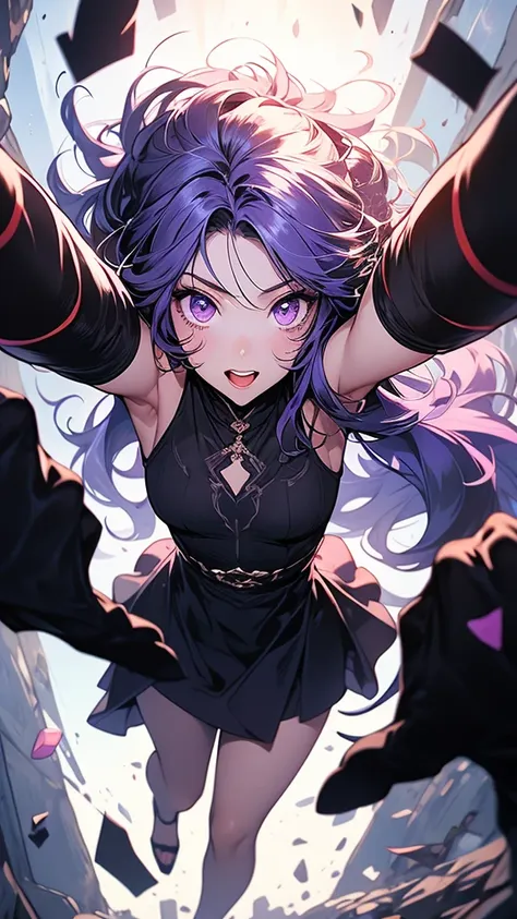 cryptic girl,masterpiece,highest quality,Very detailed,One girl,alone,surprise,The pupils constrict,Scared,shout, cryptic girl,Gradient Hair, Multicolored Hair, Long hair braided in two ponytails, Very long hair, Purple eyes, Mouth closed, metal armor, str...