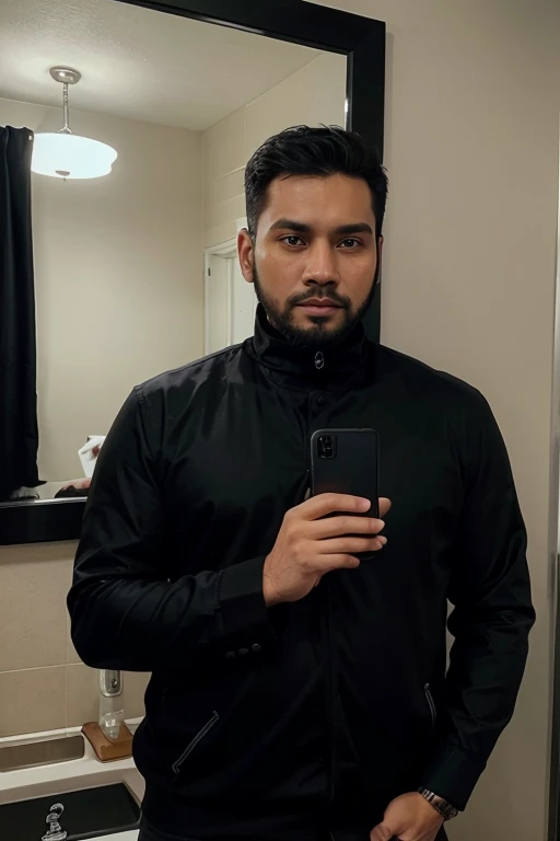 a handsome 30 year old man with an Indonesian face with a thin beard and a slightly fat body, wearing a black jacket and black turtleneck shirt is taking a photo of himself with a Samsung note 20 ultra facing the mirror in a hotel room. The picture is very...