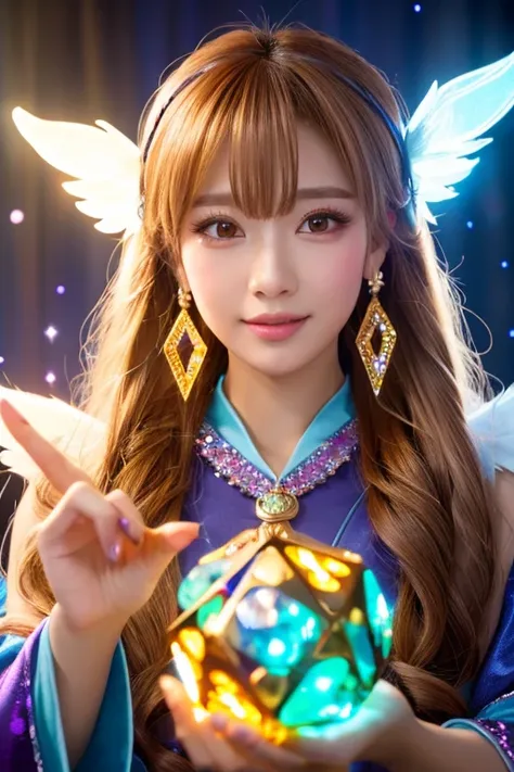 ((highest quality)), ((masterpiece)), (detailed), Perfect Face,kind,Healing,Alluring,fortune teller,Fantastic,vivid,Long Hair,front,Gal,Flashy hair,Wizard,Anime style robe,Brownの瞳,Eyelashes,crystal,(Brown),Angel Wings,Large earrings,crystal,