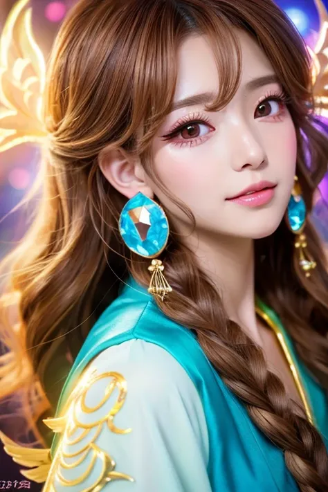 ((highest quality)), ((masterpiece)), (detailed), Perfect Face,kind,Healing,Alluring,fortune teller,Fantastic,vivid,Long Hair,front,Gal,Flashy hair,Wizard,Anime style robe,Brownの瞳,Eyelashes,crystal,(Brown),Angel Wings,Large earrings,crystal,