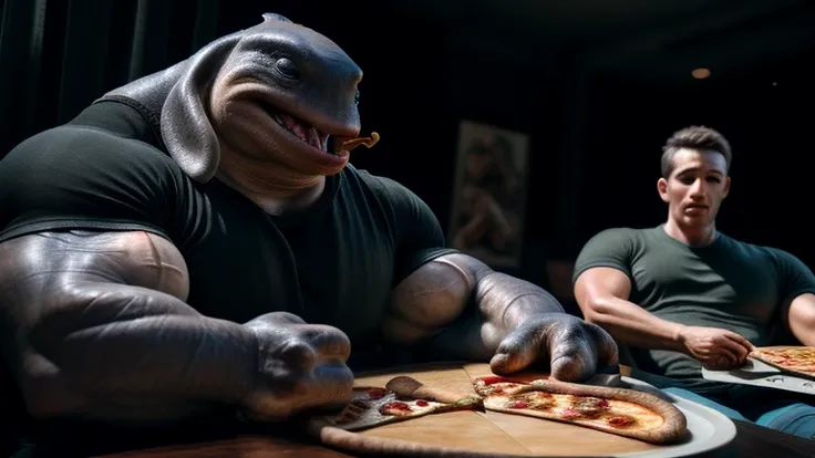 muscular gantu, huge muscles, 3 fingers, t-shirt, sitting at the table, eating pizza with human friends, (best quality,4k,8k,hig...