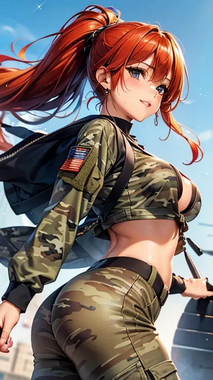 A girl is posing for a photo, cute女の子, Enchanting girl, Anime Girls, 
(((One Girl, Baby Face, cute, 16 years old))), 

(smile), 
(noon、(Aircraft carrier in sunlight、Fighter)), ((Dynamic pose、from before、Cowboy Shot))
break 

(Red hair、Hair blowing in the w...