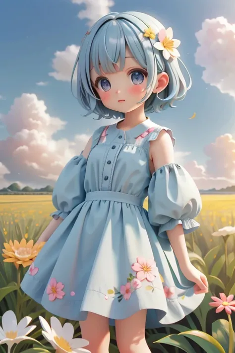 One girl、short hair、Flower Field、Flowers on ears、Light blue clothes