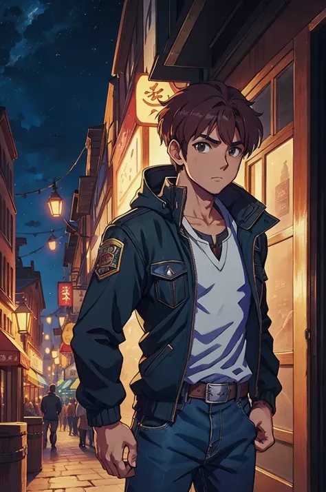 adol christin wearing adiddas jacket, hands on his pocket, in the city, at night, anime style, ys art style, nihon falcom art style, 8k