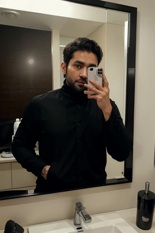 a handsome 30 year old man with an Indonesian face with a thin beard and a slightly fat body, wearing a black jacket and black turtleneck shirt is taking a photo of himself with a Samsung note 20 ultra facing the mirror in a hotel room. The picture is very...