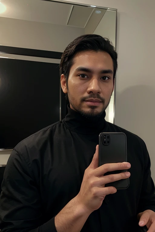 a handsome 30 year old man with an Indonesian face with a thin beard and a slightly fat body, wearing a black jacket and black turtleneck shirt is taking a photo of himself with a Samsung note 20 ultra facing the mirror in a hotel room. The picture is very...