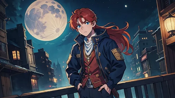 redhead adol christin from ys games wearing adiddas jacket, hands on his pocket, in the city, two moons, at night, anime style, ys art style, nihon falcom art style, 8k