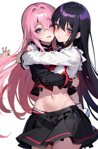 Two anime girls in skirt hugging each other in front of a white background, conjoined twins separated only at the torso