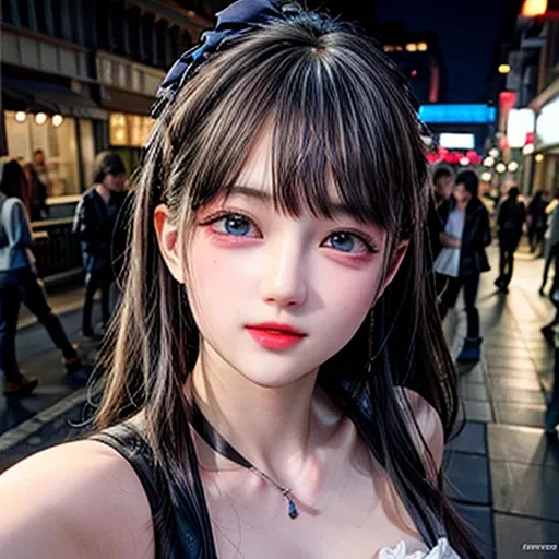 masterpiece of professional Analog photo, realistic and photorealistic with touch of rawness, (a close-up portrait of a woman wearing thongs on a city street), Dusk violet Sky, intricate lighting effects with light particles, (many colorful lights dazzling...