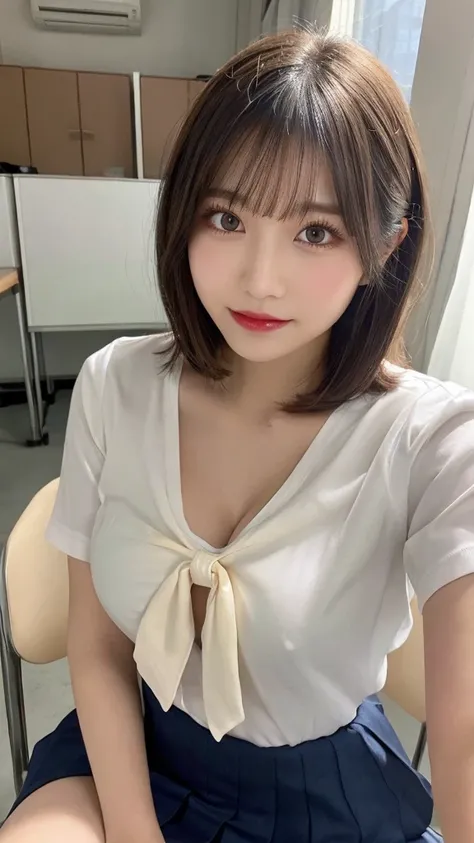  ((1 girl solo)), whole body ,A beautiful young Japanese woman, super cute face, Charming figure, big breasts , cleavage、(
short hair,pixie  cut , school Uniforms,bow :1.3),desk work,spread legs on the desk at classroom,glossy lips, double eyelids, natural...